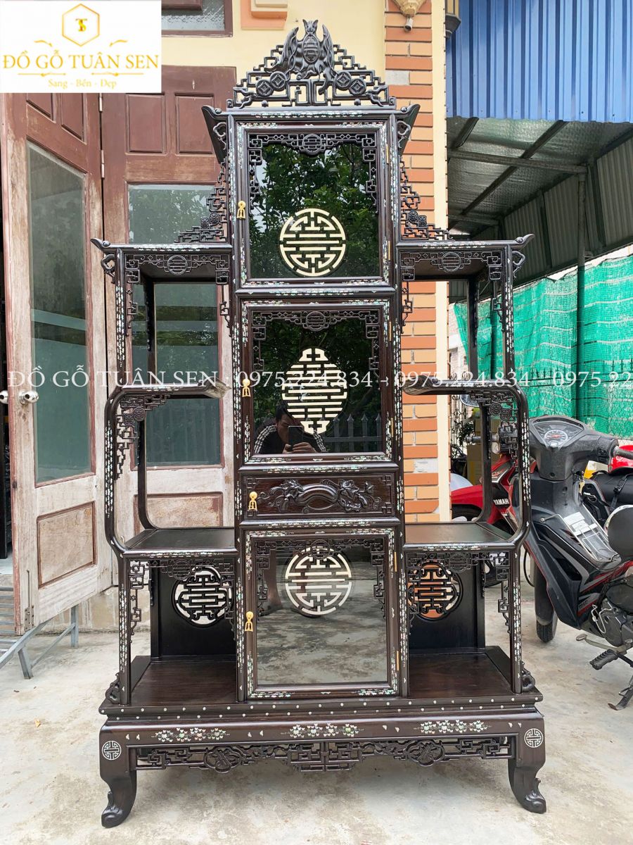 Hình ảnh chi tiết tủ bày đồ dơi thọ gỗ gụ khảm ốc